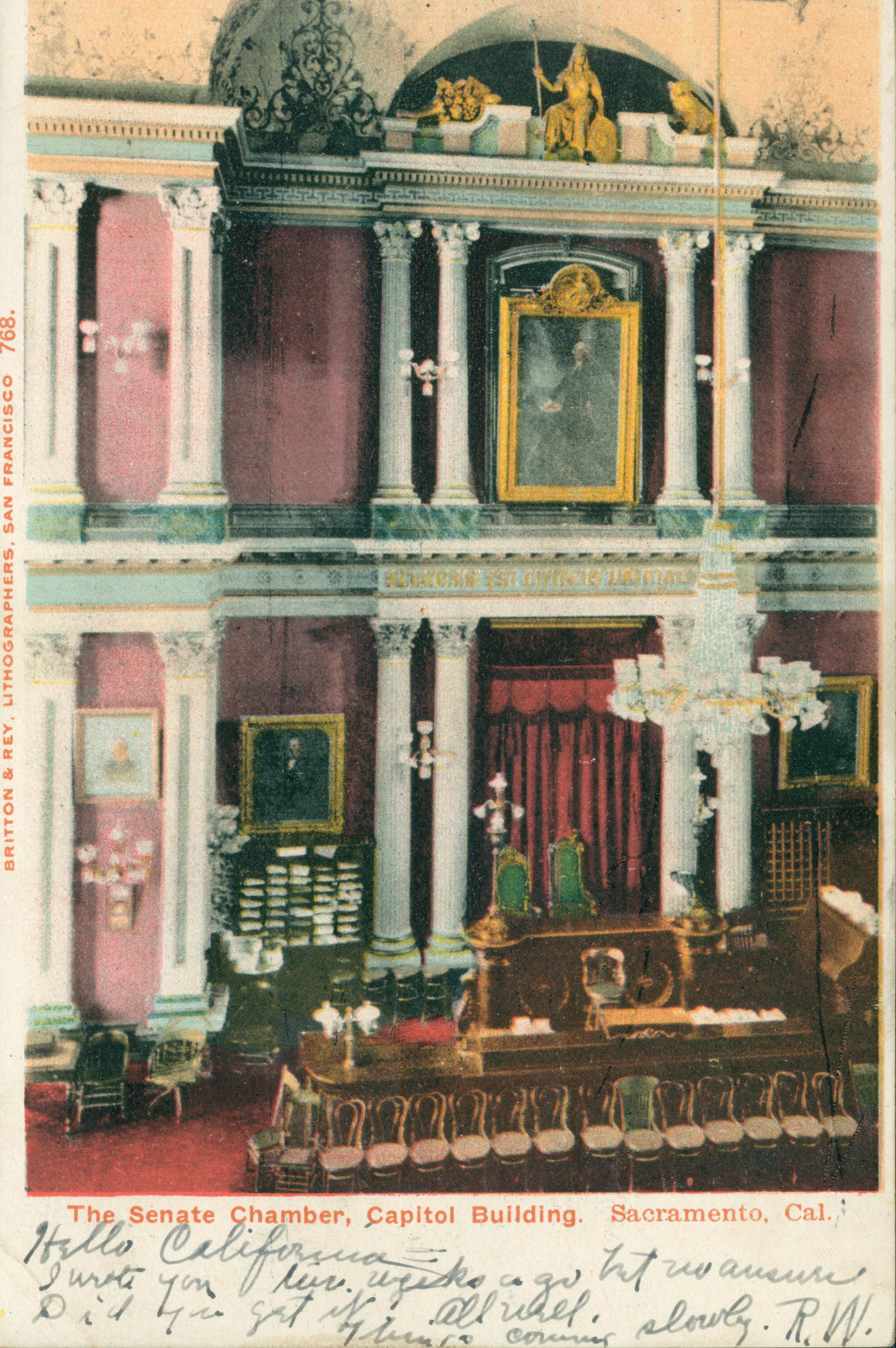 This postcard shows the Senate Chamber rostrum in the California State Capitol.